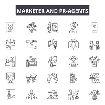 Marketer and pr-agents line icons, signs, vector set, outline concept, linear Illustrazione stock
