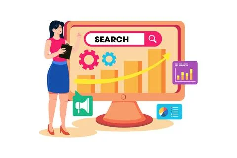 A marketer conducts keyword research to optimize a website's SEO. Stock Illustration