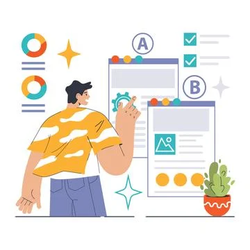 Marketer demonstrates A B Testing on dual web layouts Stock Illustration