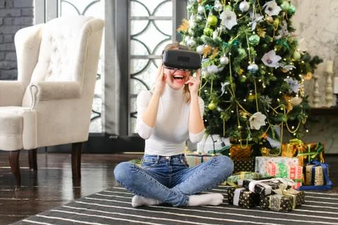 Marketer girl using virtual reality glasses. 写真素材