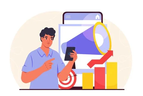 Marketer man concept. Young guy with loudspeaker near charts and graphs. SMM Illustrazione stock