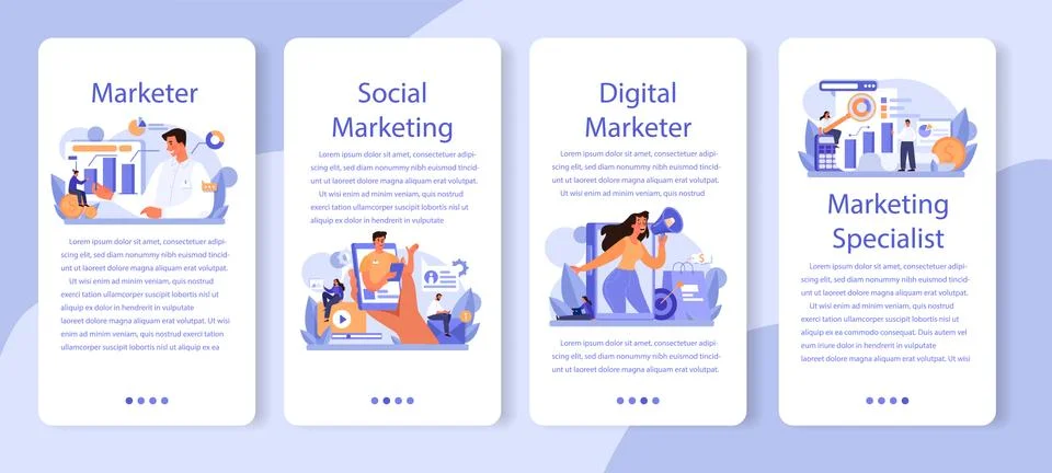 Marketer mobile application banner set. Advertising and marketing concept. Stock Illustration