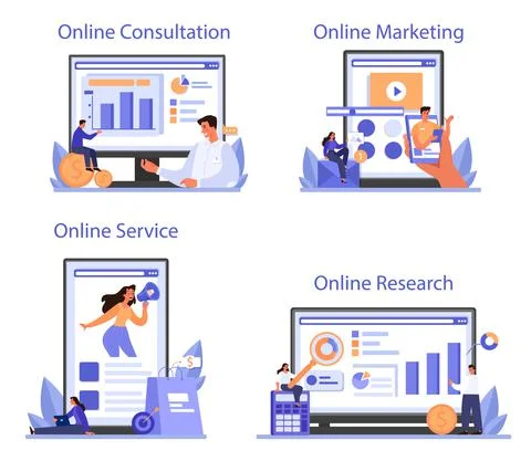 Marketer online service or platform set. Advertising and marketing concept. Stock Illustration