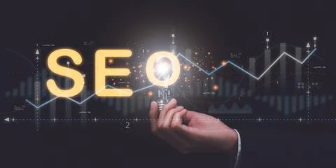Marketer showing SEO concept ,analysis of market data graphs and charts ,Op.. 스톡 사진