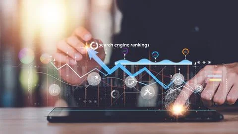 Marketer showing SEO concept ,analysis of market data graphs and charts ,Op.. 스톡 사진