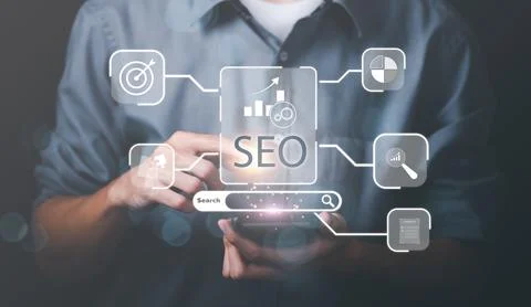 Marketer showing SEO concept through virtual icons , optimization analysis .. Stock Photos