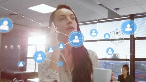 Marketer tapping phone holding mug, calling, spawning blue node web around her Video stock 330331052