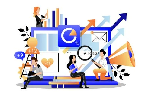 Marketers analyzes data, develops product promotion strategy. Vector illustra 스톡 일러스트