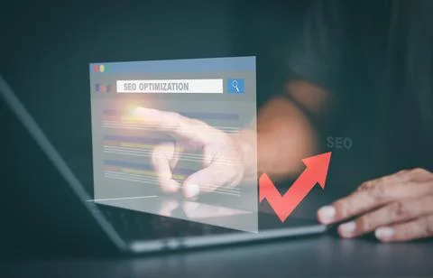 Marketers point virtual screens showing SEO concepts,optimization analytics.. Stock Photos