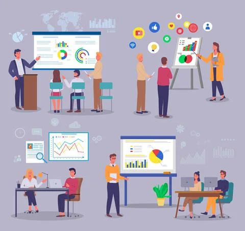 Marketers study analytical data, customer demand, pie and bar charts, charts Stock Illustration