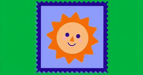 Marketers using cartoon sun on periwinkle panel with scalloped border, showing Stock Footage 317480548