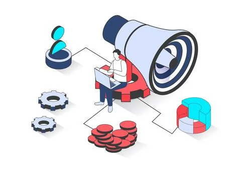 Marketing 3d isometric concept with isometry people design for web. Man wit.. Stock Illustration