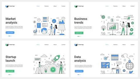 Marketing analysis of startup data and business trends set, tiny people launch Illustrazione stock