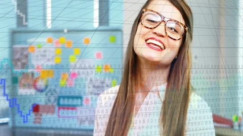 Marketing analyst scrolling phone, causing animated code and charts while Stock Footage 333602211