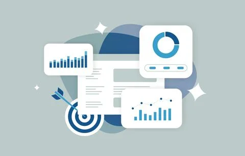 Marketing analytics dashboard with performance graphs, conversion metrics and Stock Illustration