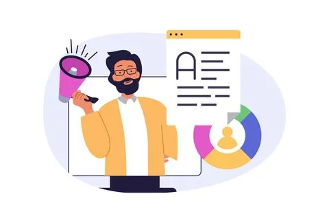 Marketing and development concept in modern flat design for web. Man with meg イラスト素材