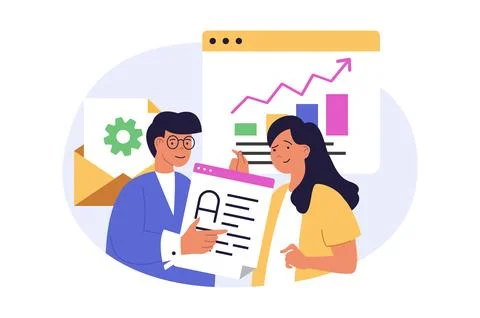 Marketing and development concept in modern flat design for web. Man and woma 库存插图