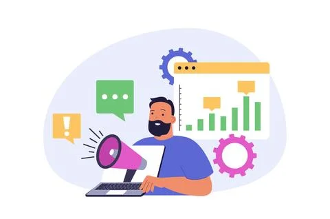 Marketing and development concept in modern flat design for web. Man with m.. 库存插图