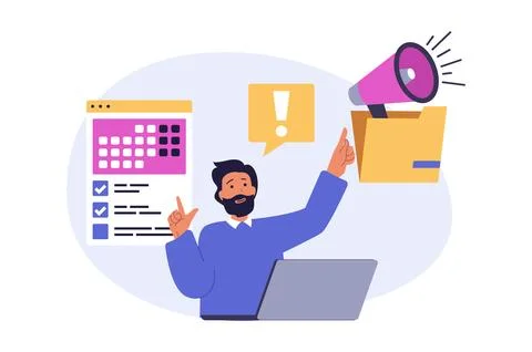 Marketing and development concept in modern flat design for web. Man with meg 库存插图