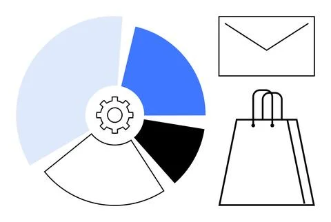 Marketing and E-commerce Concept with Pie Chart, Envelope, and Shopping Bag Stock Illustration