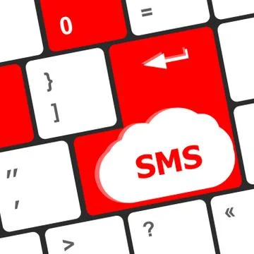 Marketing concept. computer keyboard with word SMS word on enter button backg Illustrazione stock