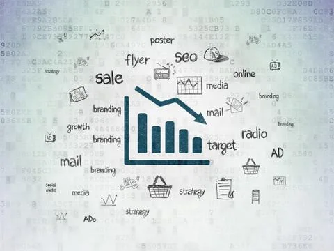 Marketing concept: Decline Graph on Digital Data Paper background Illustrazione stock