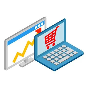 Marketing concept icon isometric vector. Shop cart on laptop screen growth chart Illustrazione stock