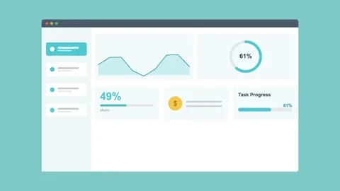 Marketing dashboard in browser with an area chart, progress ring and stat, teal Vídeo Stock 342593969