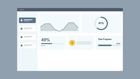Marketing dashboard in browser with an area chart, progress ring, slate gray 스톡 동영상 342593978