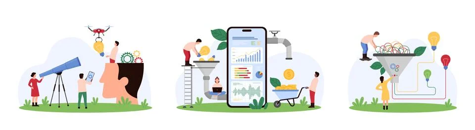 Marketing data analysis and sorting set, tiny people make money with funnel Illustrazione stock