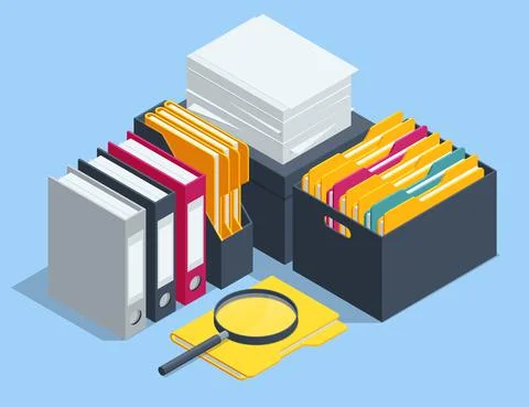 Marketing data analysis. Isometric office document folders. Routine, bureaucracy Stock Illustration