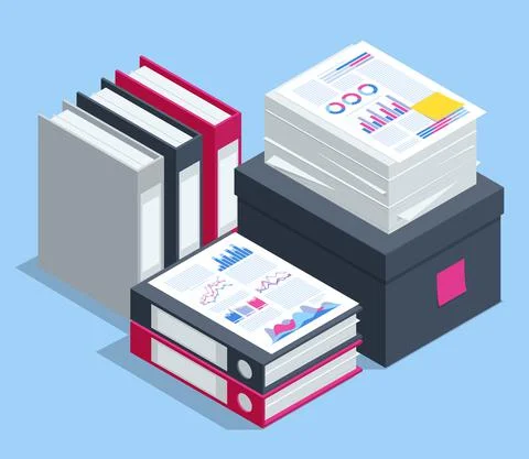 Marketing data analysis. Isometric office document folders. Routine, bureaucracy Illustrazione stock