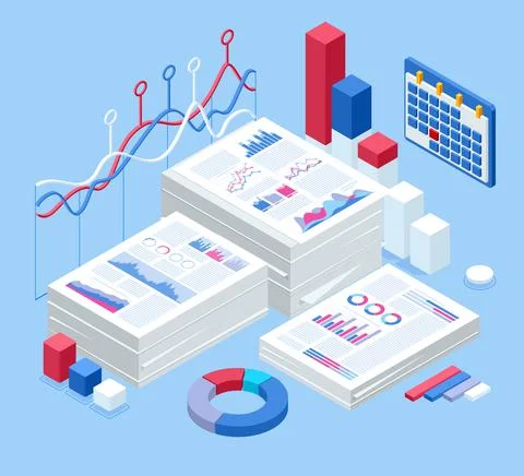 Marketing data analysis. Isometric office document folders. Routine, bureaucracy Stock Illustration