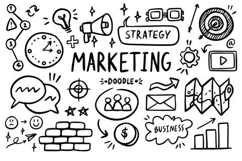 Marketing doodle vector set. Simple sketch outline office planning icons Stock Illustration