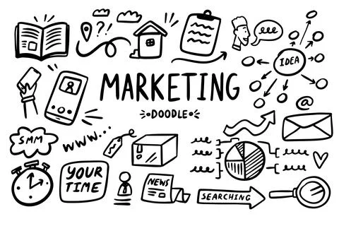 Marketing doodle vector set. Simple sketch outline office planning icons Stock Illustration