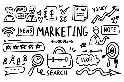 Marketing doodle vector set. Simple sketch outline office planning icons Stock Illustration