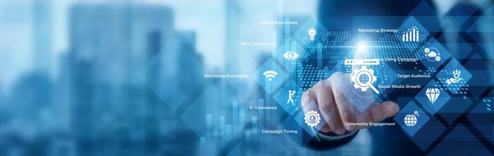 Marketing expert analyzing digital data pointing hand at Digital Marketing .. Stock Photos