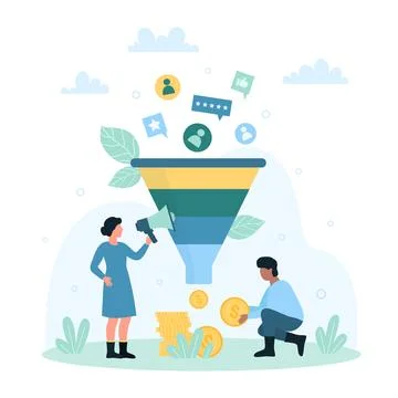 Marketing funnel, sales generation, tiny people work on customers flow with Stock Illustration