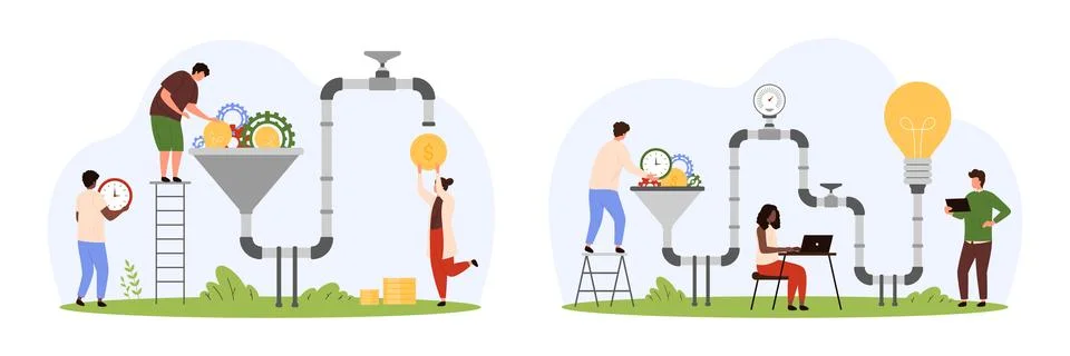 Marketing ideas flow set, tiny people convert light bulbs, gears and time into Stock-Illustration