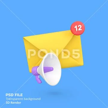 Marketing mail with a megaphone isolated 3d render icon illustration PSD-Vorlage