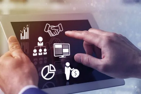 Marketing. Man using tablet, closeup. Virtual icons popping out from device.. Stock Photos