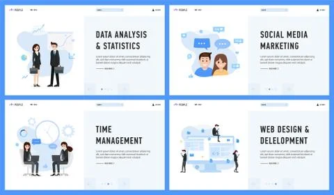 Marketing management web design data analysis and statistics set Stock Illustration