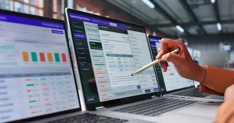 Marketing Manager Studies Customer Behavior On Laptop Using Unified Platform  Stock Photos