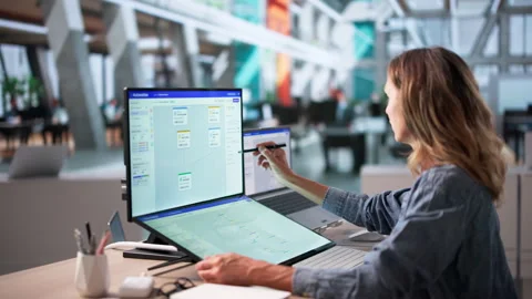 Marketing Manager Uses Visual Drag And Drop Platform Video stock 337632251