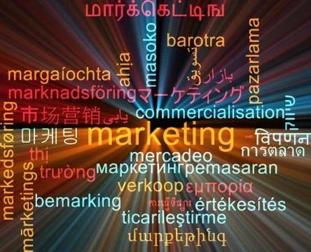 Marketing multilanguage wordcloud background concept glowing Stock Illustration