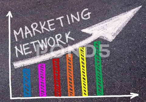 MARKETING NETWORK written over colorful graph and rising arrow Stock Photos