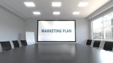 MARKETING PLAN caption on the screen in a meeting room. 3D rendering Illustrazione stock