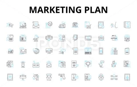 Marketing plan linear icons set. Strategy, Objectives, SWOT ...