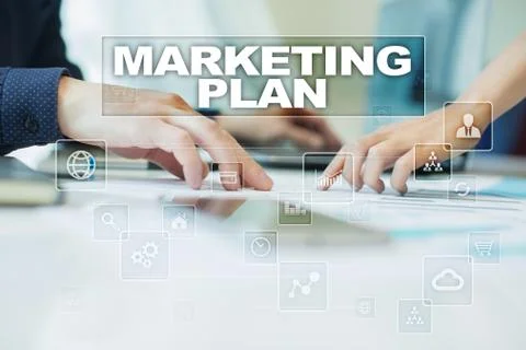 Marketing plan on virtual screen. Business, technology and internet concept. Stock Illustration