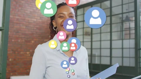 Marketing pro with blue folder laughing starting animated user icons growing Stock Footage 334322248